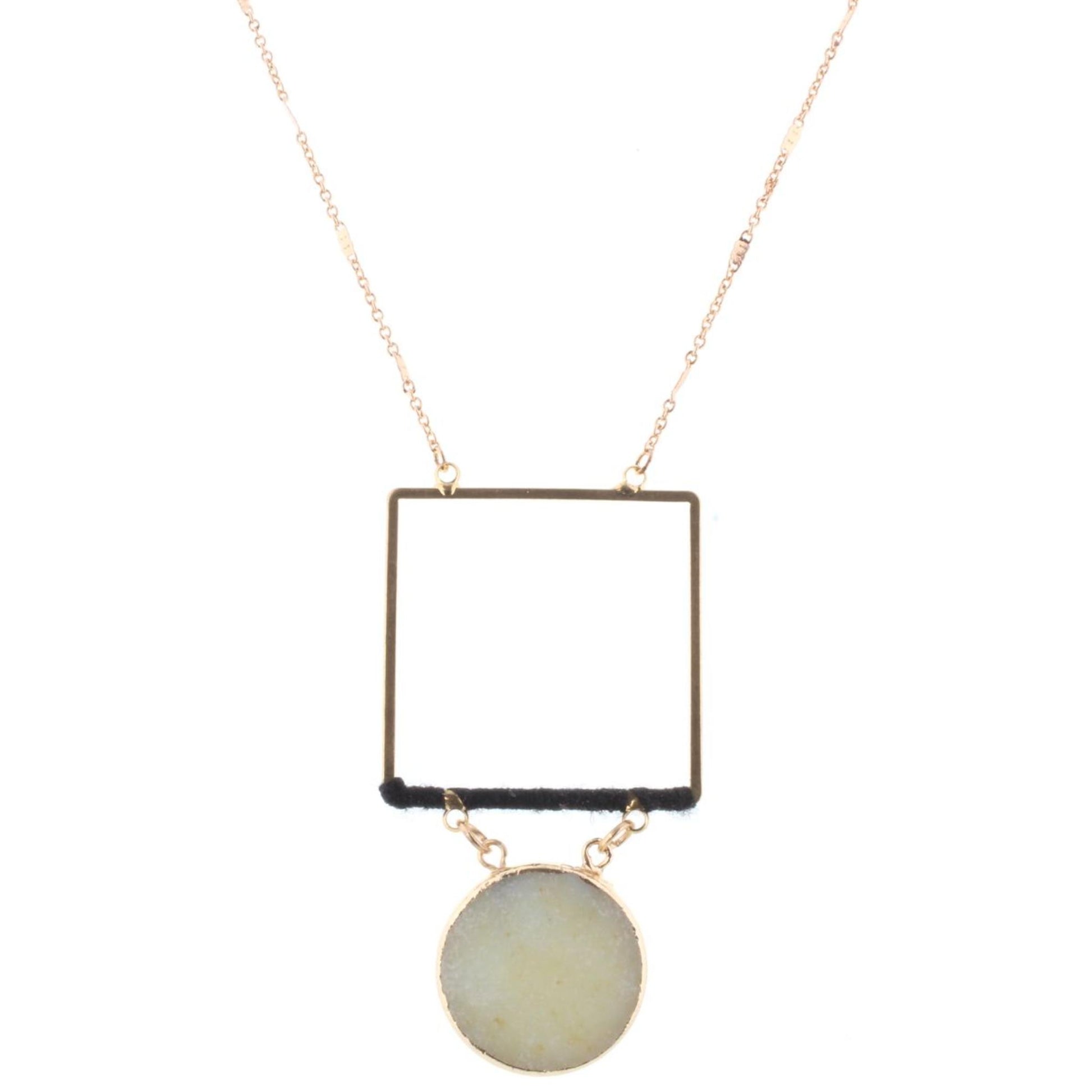 32" Gold Chain Necklace with Jet Wrapped Square with Amazonite Stone Circle, 3" Ext