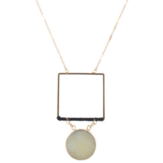 32" Gold Chain Necklace with Jet Wrapped Square with Amazonite Stone Circle, 3" Ext