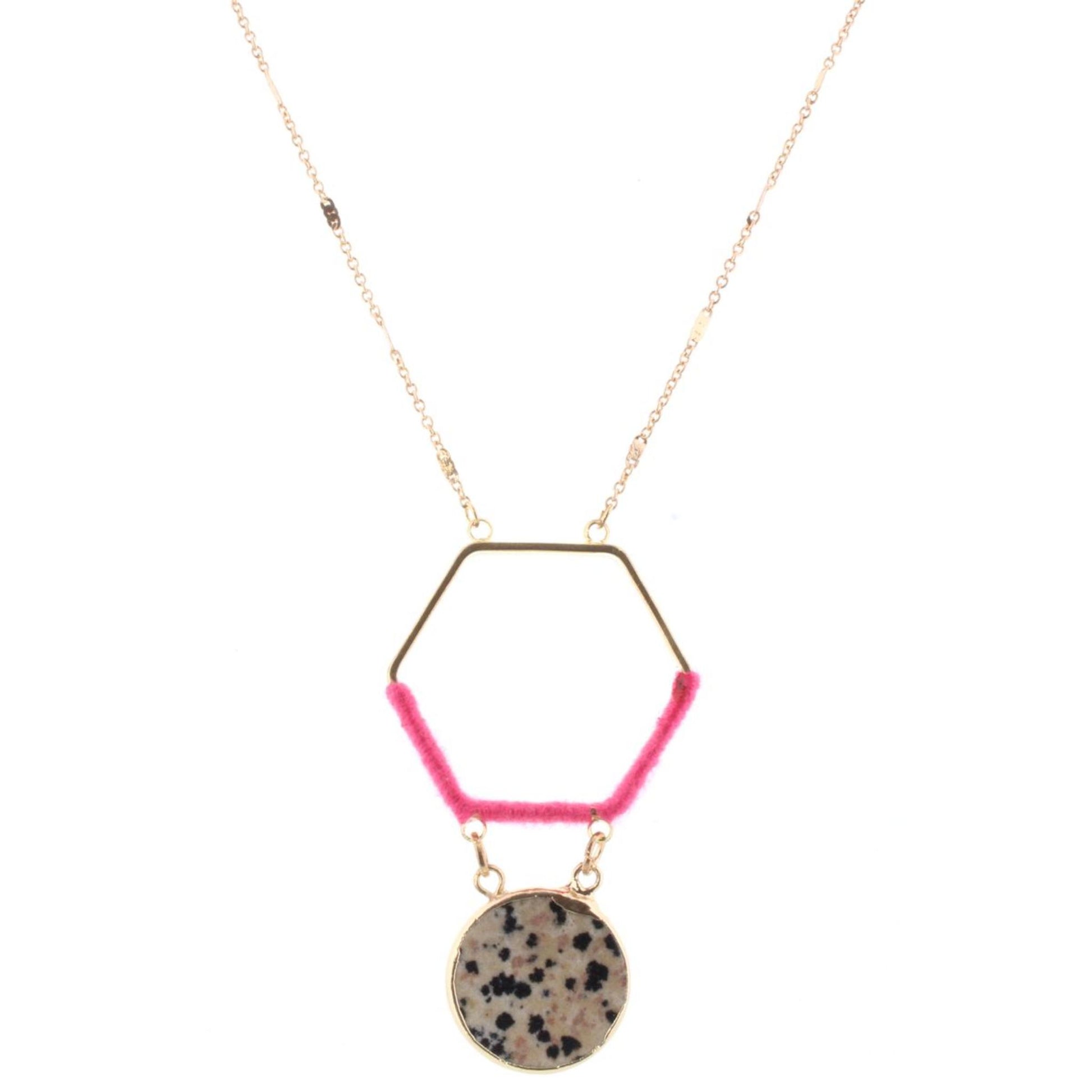 32" Gold Chain Necklace with Hot Pink Wrapped Hexagon with Dalmation Stone Circle, 3" Ext