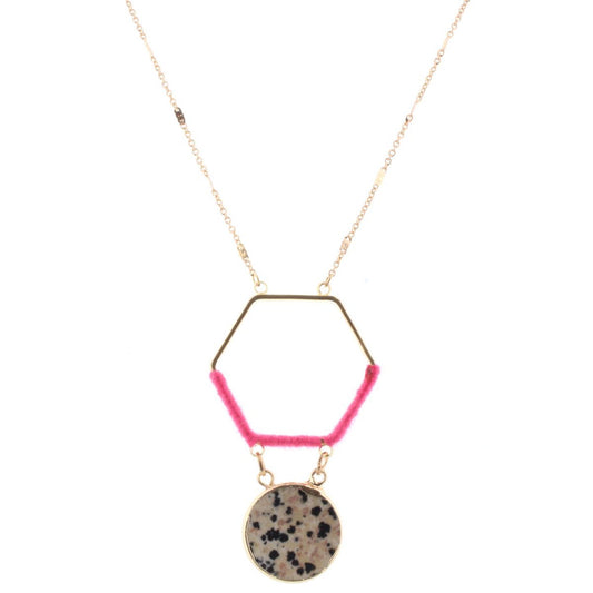32" Gold Chain Necklace with Hot Pink Wrapped Hexagon with Dalmation Stone Circle, 3" Ext
