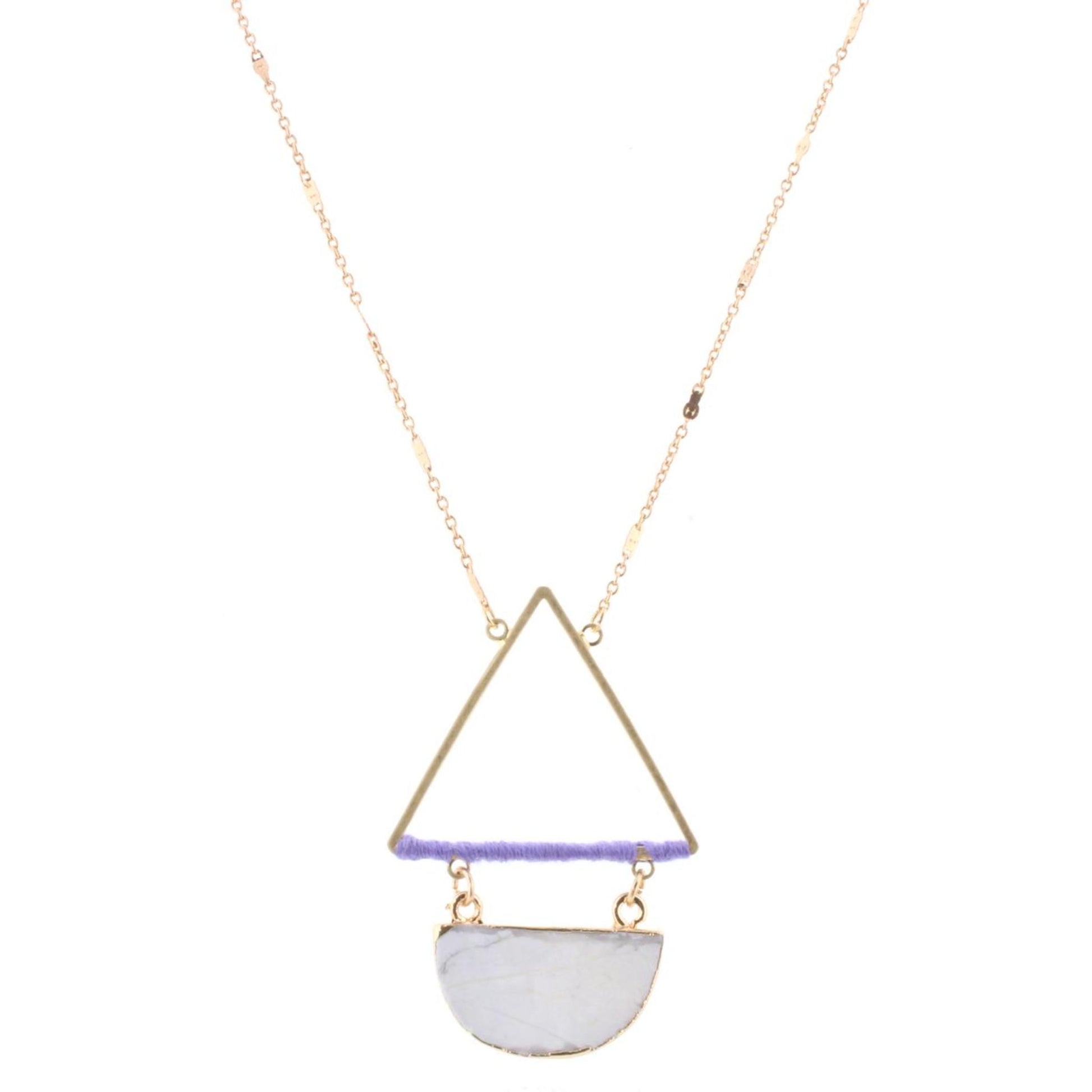 32" Gold Chain Necklace with Purple Wrapped Triangle with Howlite Stone Half CIrcle. 3" Ext