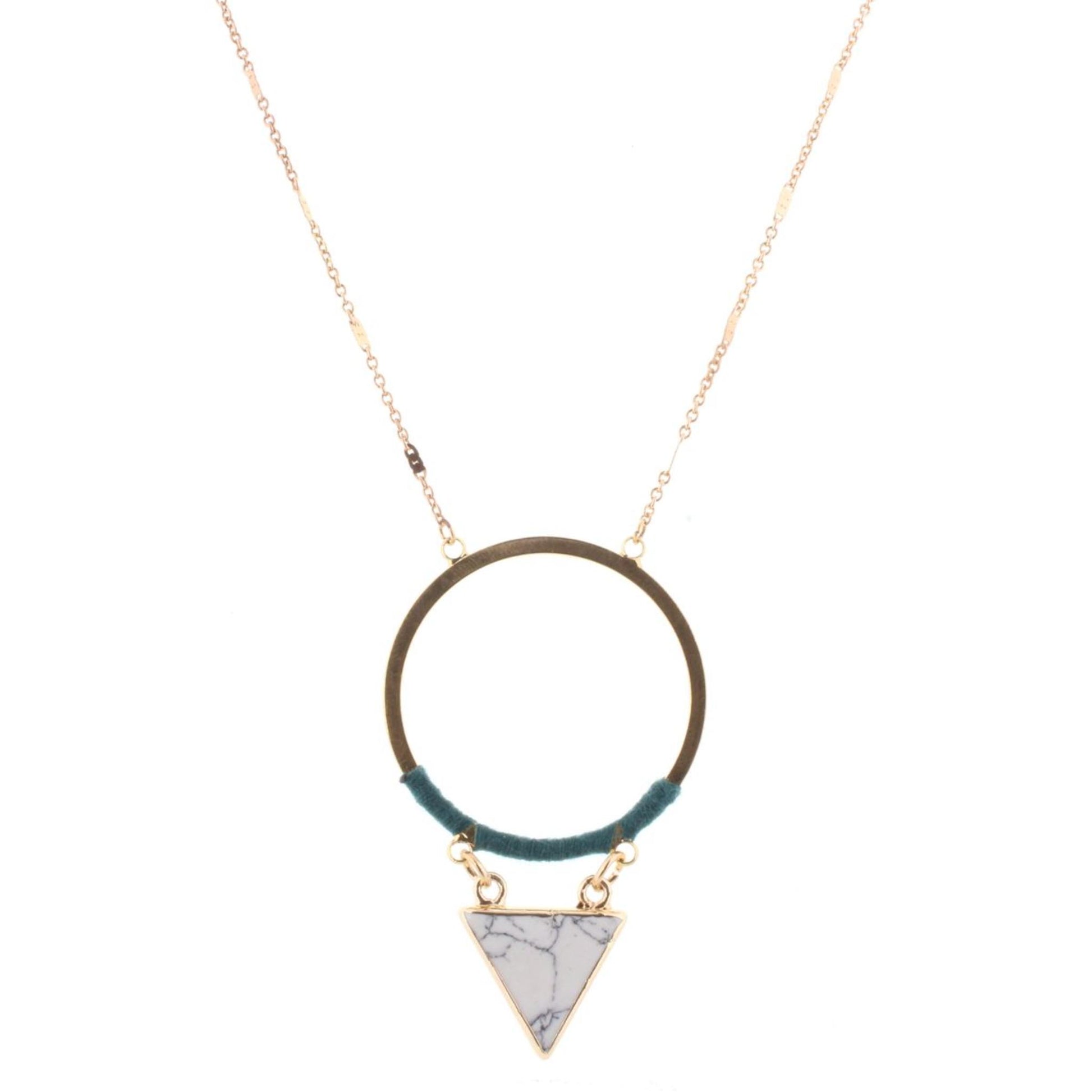32" Gold Chain Necklace with Teal Wrapped Circle with Howlite Stone Triangle, 3" Ext