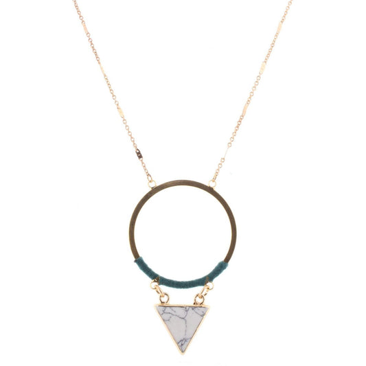 32" Gold Chain Necklace with Teal Wrapped Circle with Howlite Stone Triangle, 3" Ext
