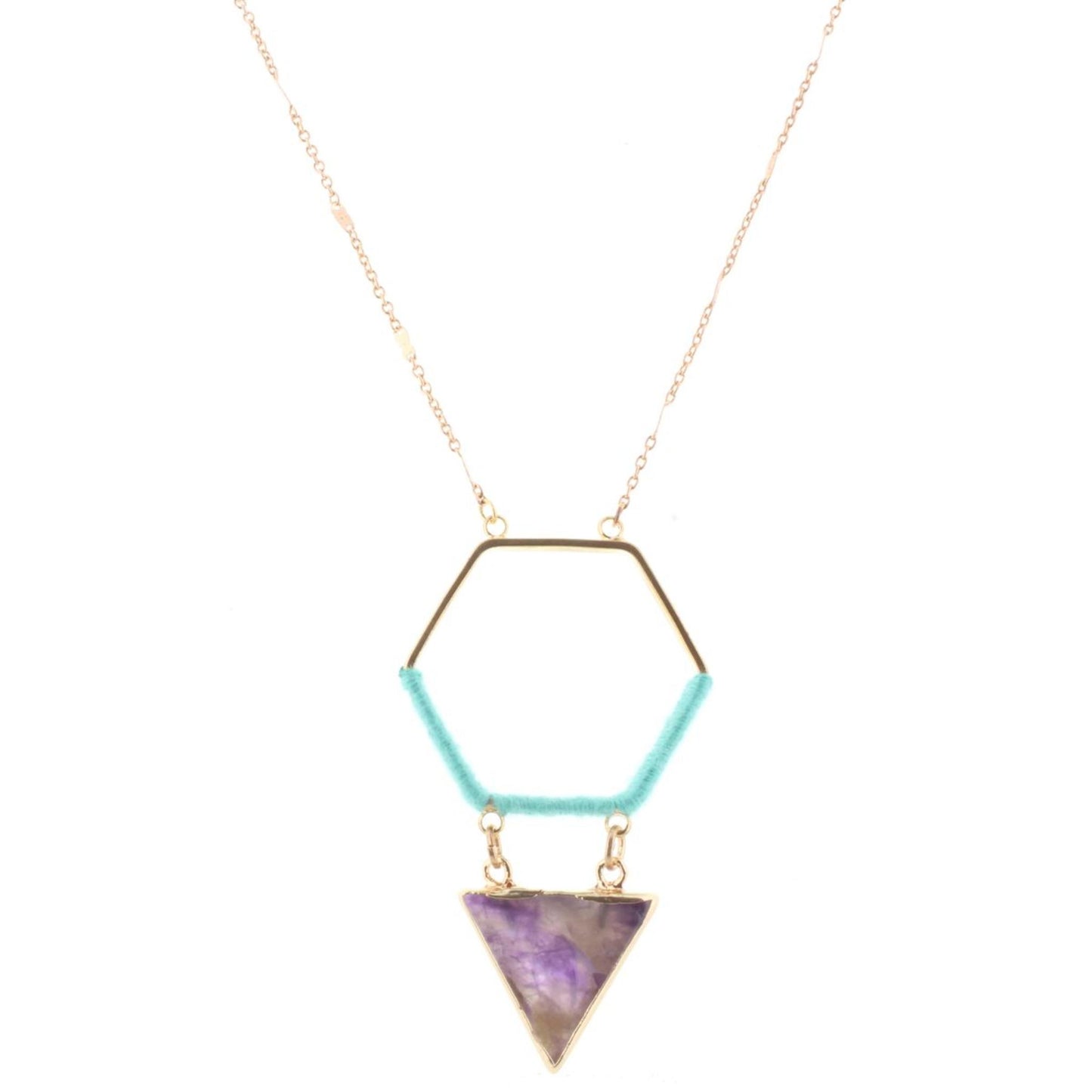 32" Gold Chain Necklace with Turquoise Wrapped Hexagon with Amethyst Stone Triangle, 3" Ext