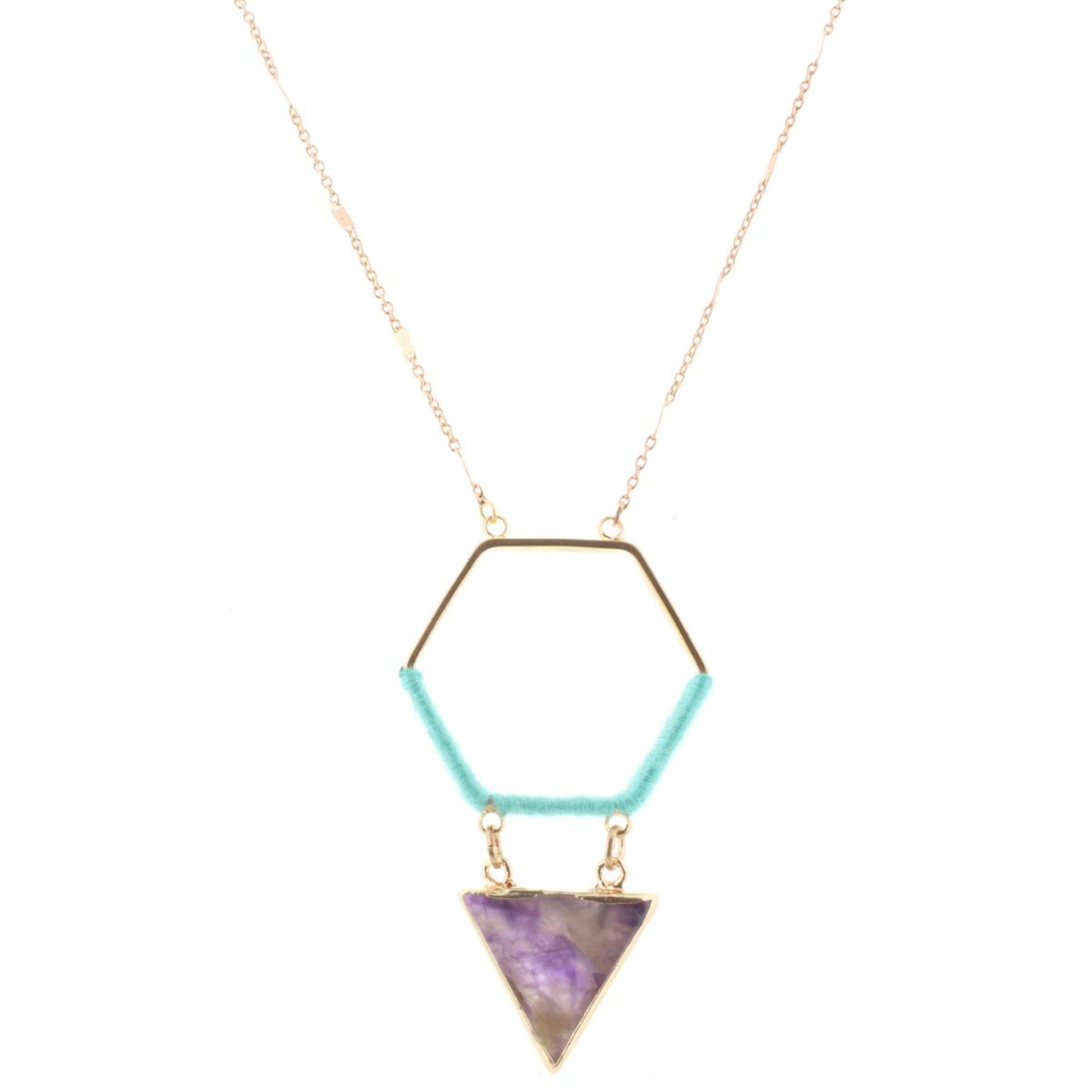 32" Gold Chain Necklace with Turquoise Wrapped Hexagon with Amethyst Stone Triangle, 3" Ext