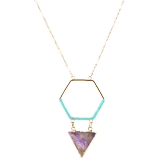 32" Gold Chain Necklace with Turquoise Wrapped Hexagon with Amethyst Stone Triangle, 3" Ext