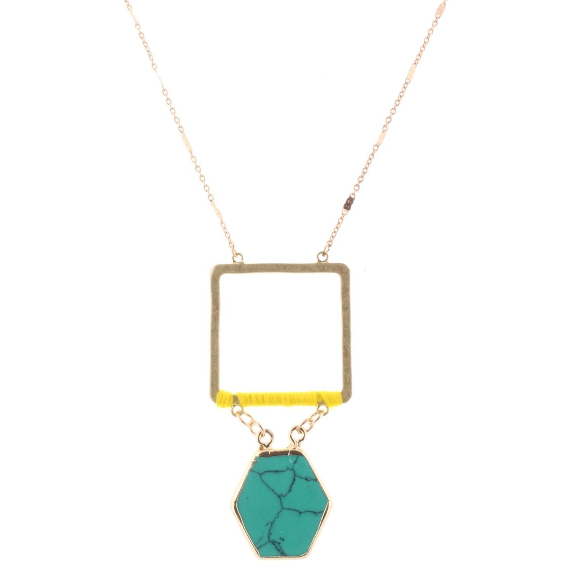 32" Gold Chain Necklace with Yellow Wrapped Square with Turquoise Stone Hexagon, 3" Ext