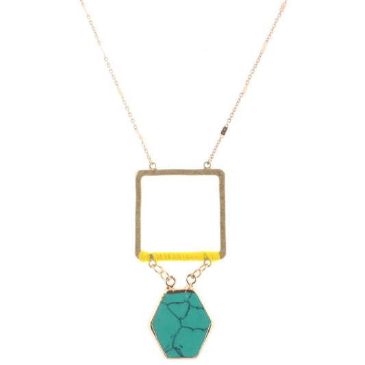 32" Gold Chain Necklace with Yellow Wrapped Square with Turquoise Stone Hexagon, 3" Ext