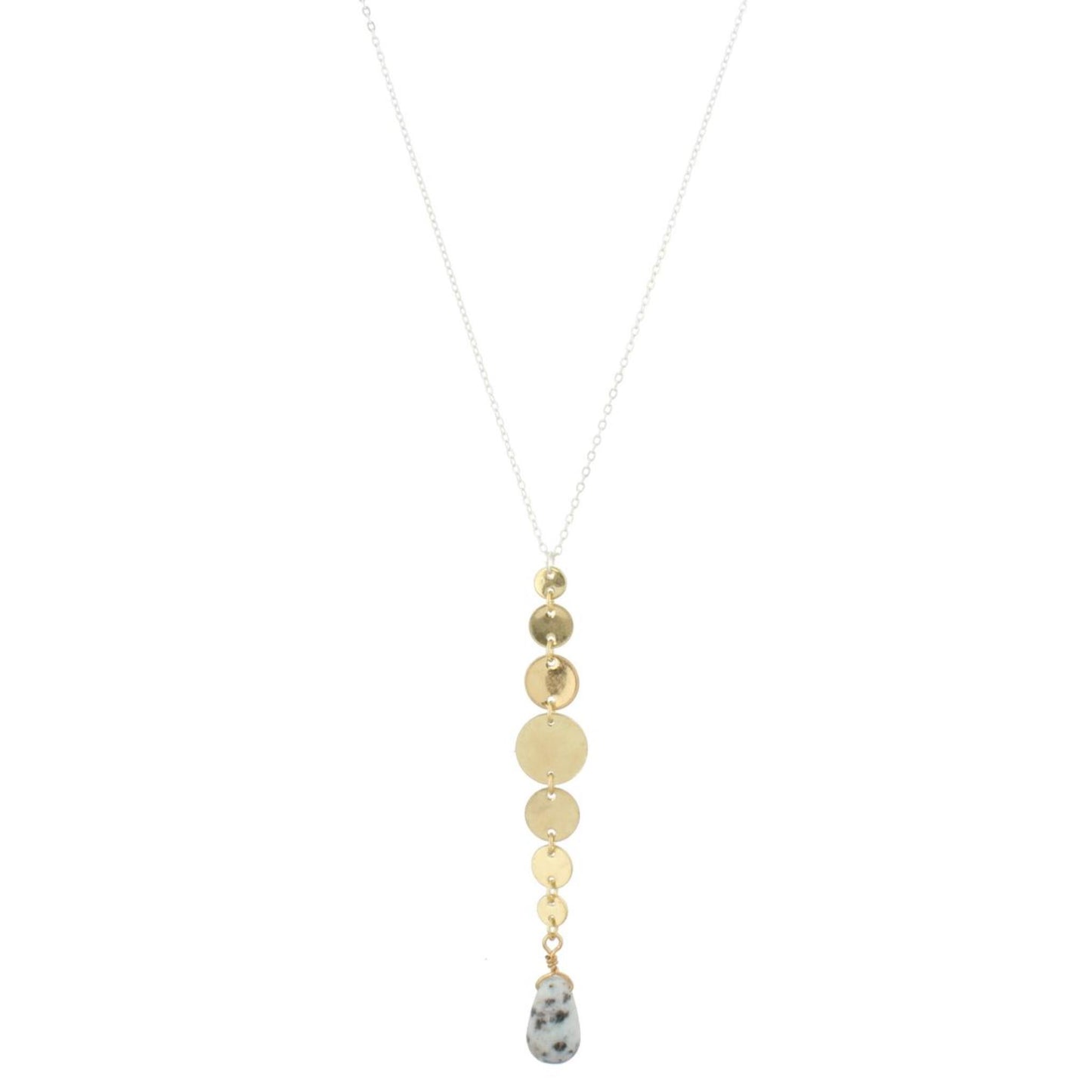 32" Silver Chain Necklace with Gold Disks Drop with Kiwi Stone, 3" Ext