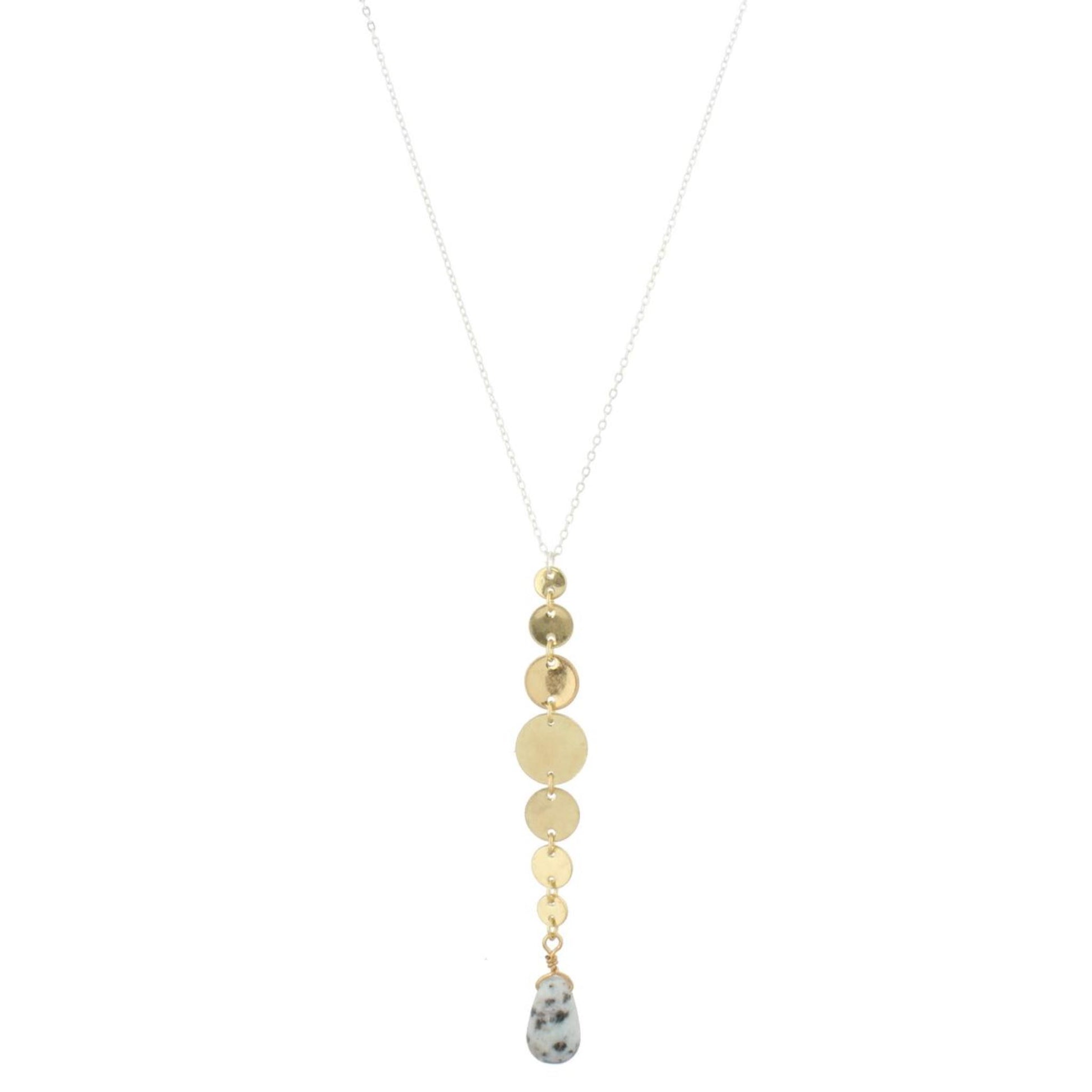 32" Silver Chain Necklace with Gold Disks Drop with Kiwi Stone, 3" Ext