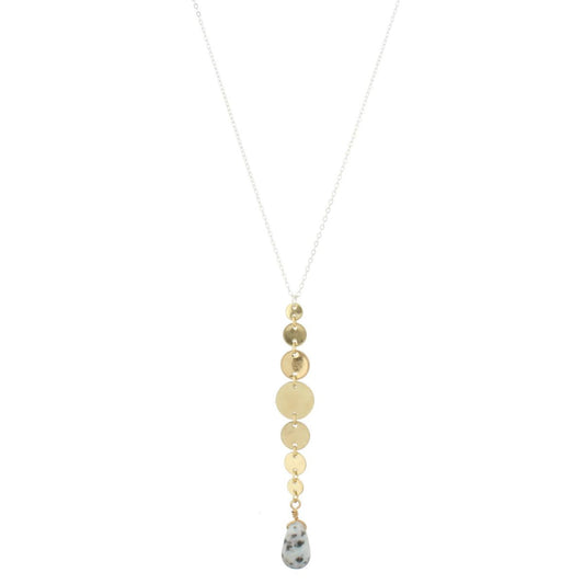 32" Silver Chain Necklace with Gold Disks Drop with Kiwi Stone, 3" Ext