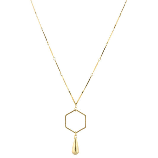 32" Gold Bar Link Chain Necklace with Gold Hexagon & Gold Weight, 3" Ext