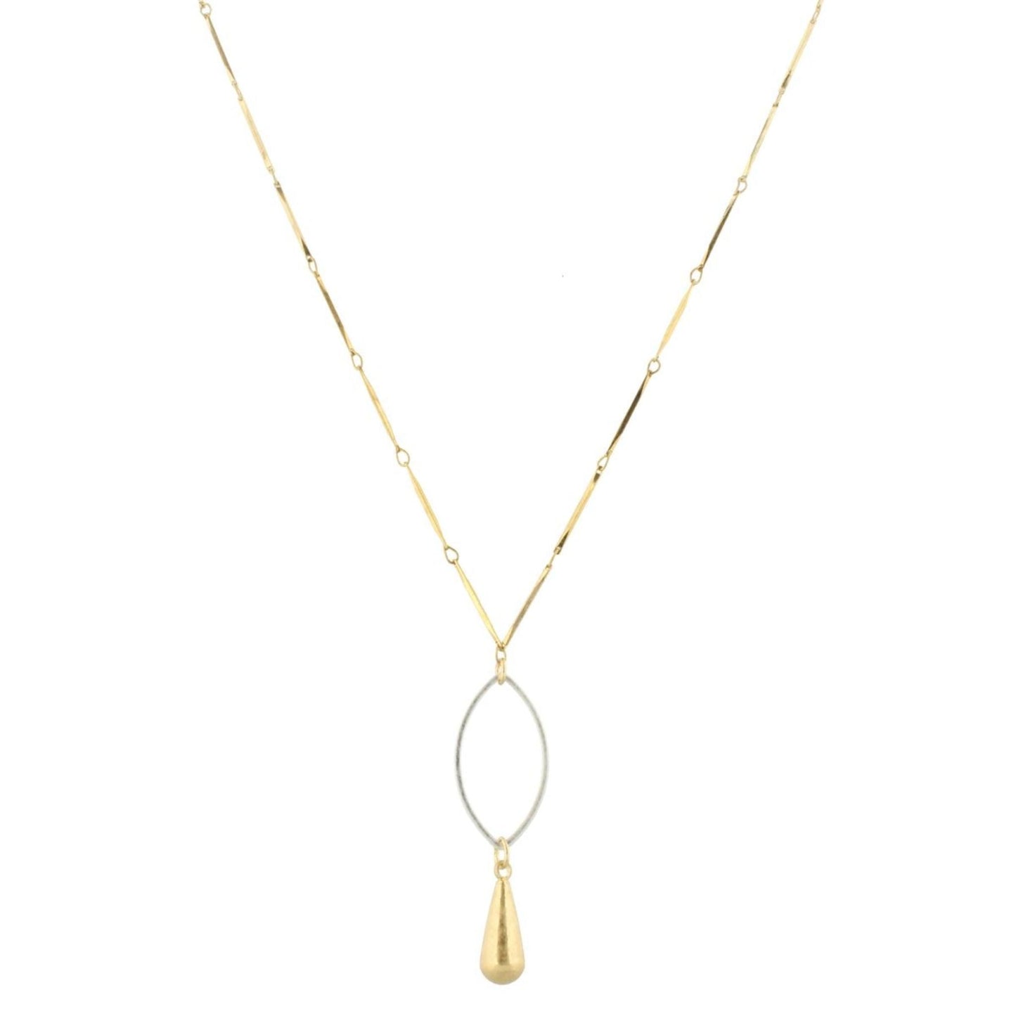 32" Gold Bar Link Chain Necklace with Silver Pointed Oval & Gold Weight, 3" Ext