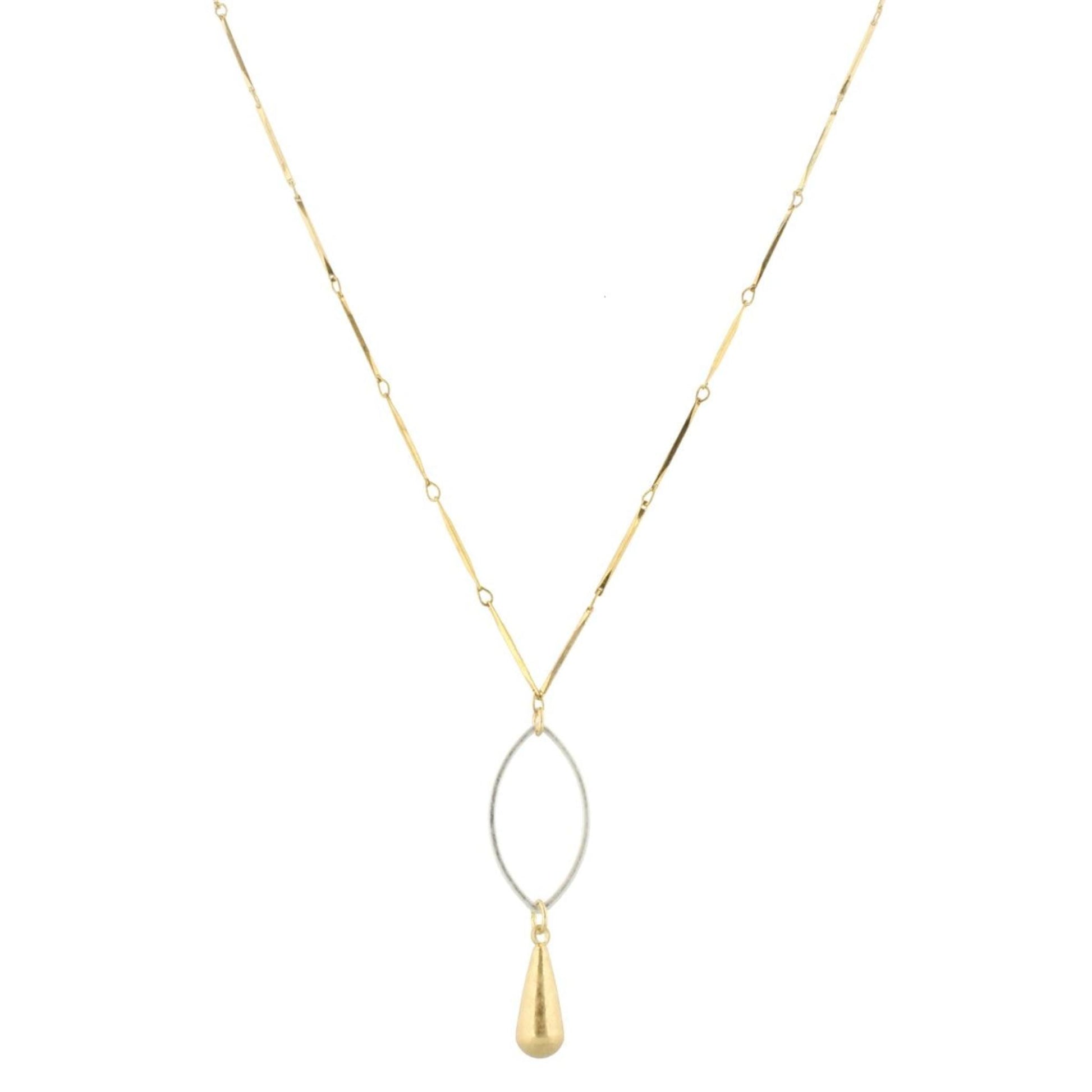 32" Gold Bar Link Chain Necklace with Silver Pointed Oval & Gold Weight, 3" Ext