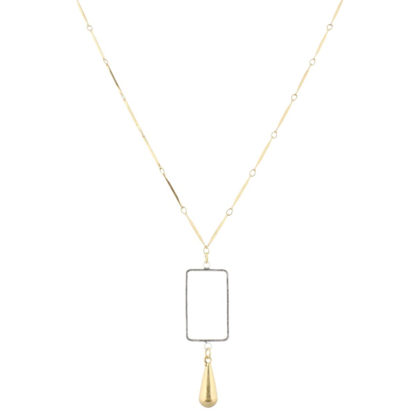 32" Gold Bar Link Chain Necklace with SIlver Rectangle & Gold Weight, 3" Ext
