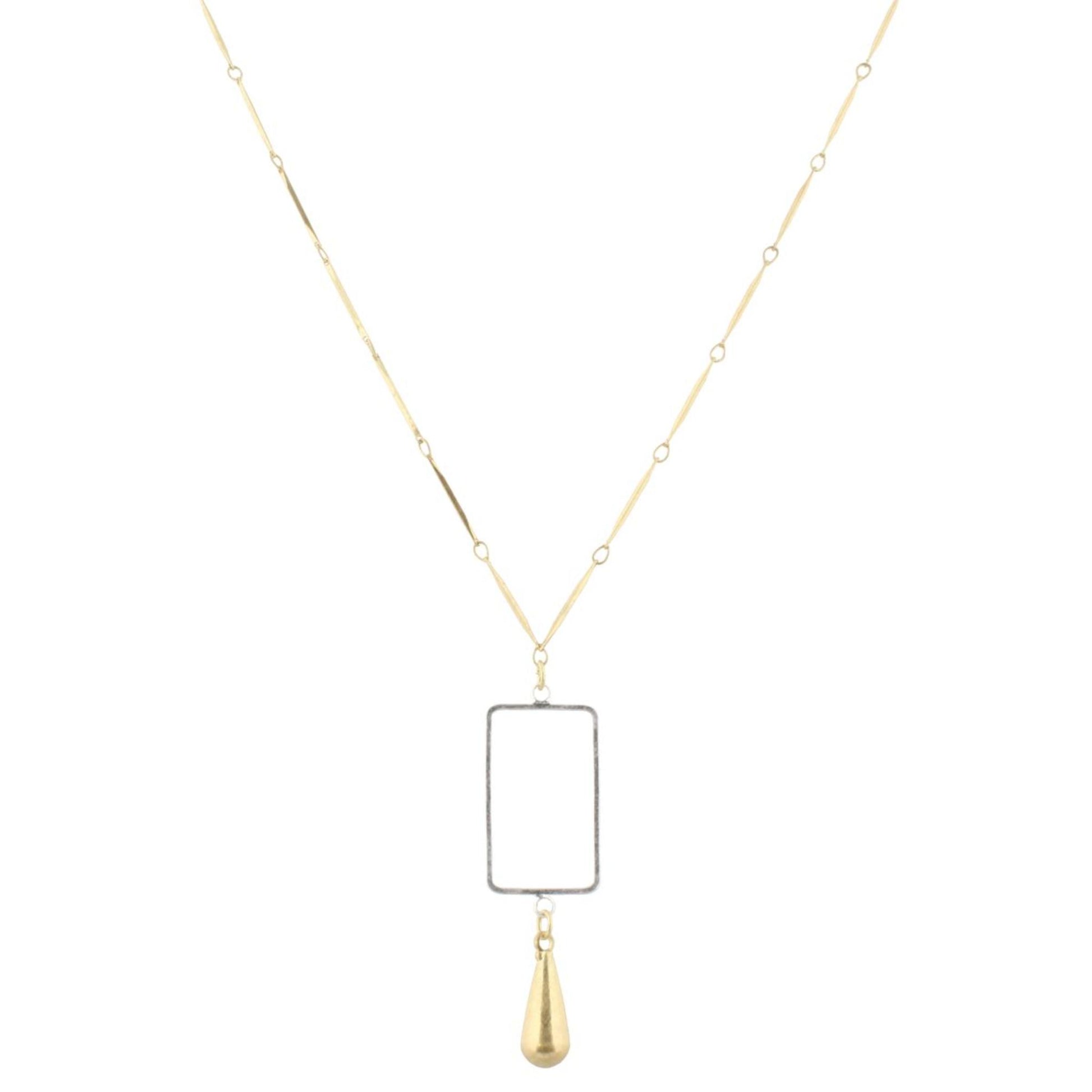 32" Gold Bar Link Chain Necklace with SIlver Rectangle & Gold Weight, 3" Ext