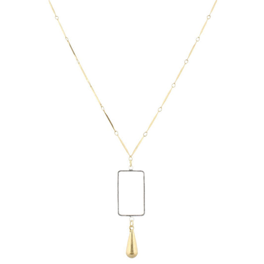 32" Gold Bar Link Chain Necklace with SIlver Rectangle & Gold Weight, 3" Ext