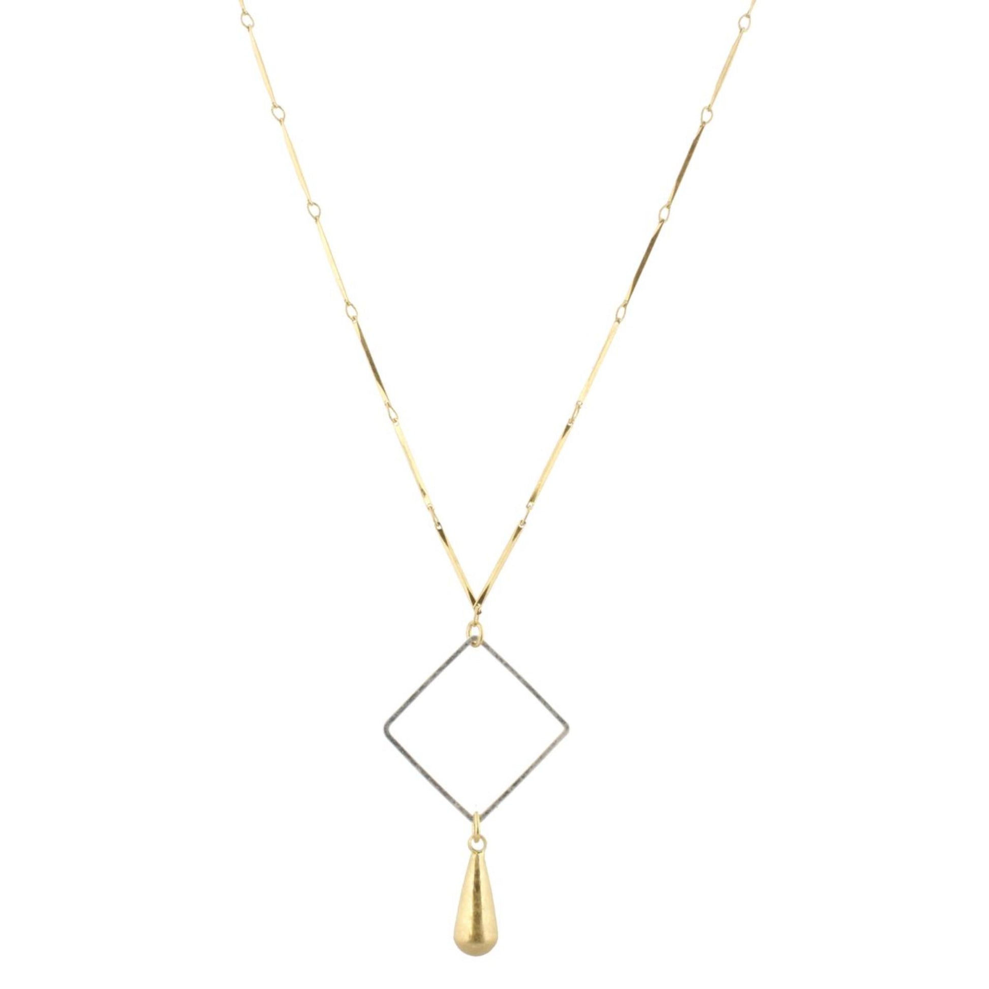 32" Gold Bar Link Chain Necklace with Silver Square & Gold Weight, 3" Ext