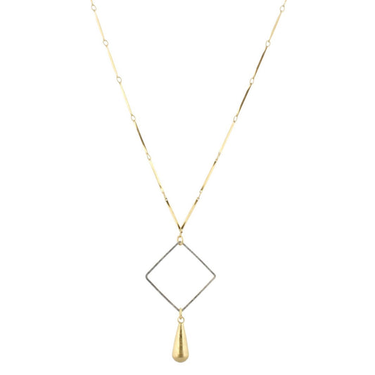 32" Gold Bar Link Chain Necklace with Silver Square & Gold Weight, 3" Ext