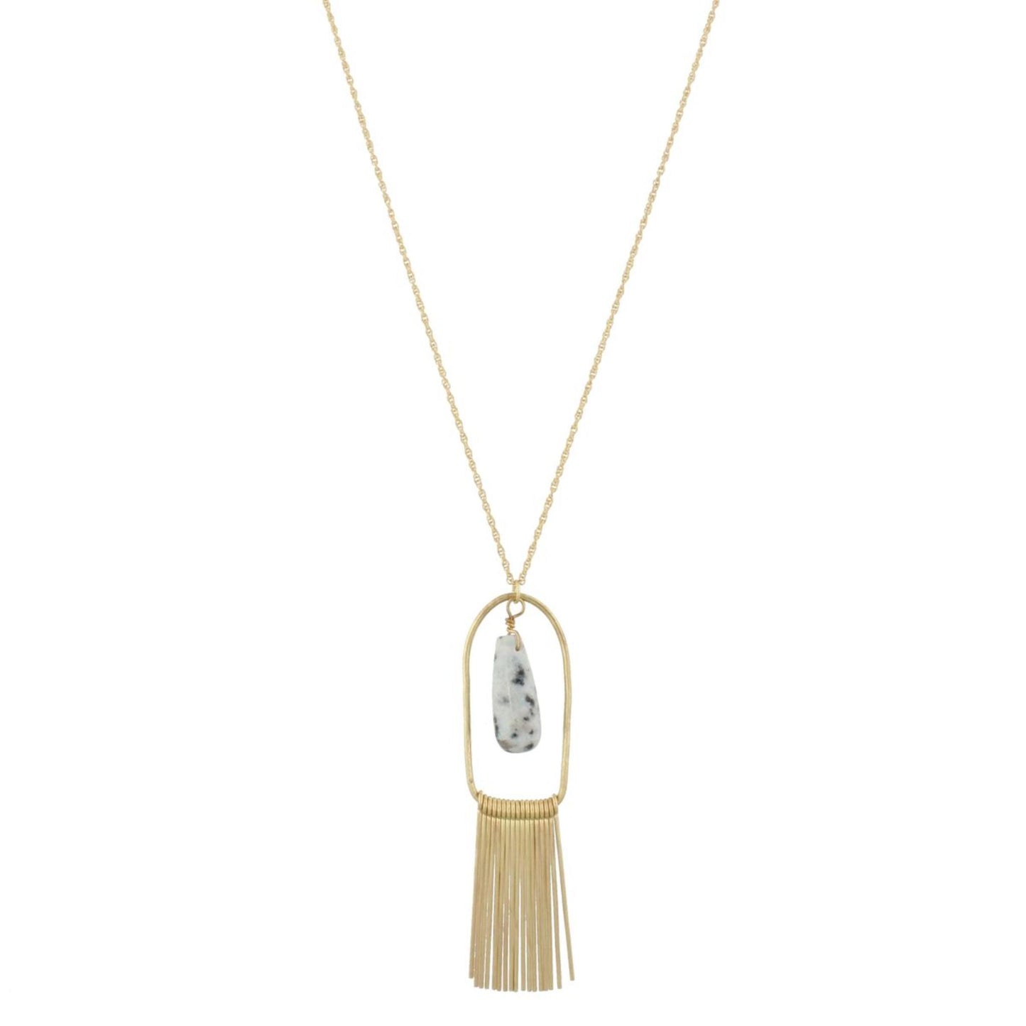 32" Gold Chain Necklace Kiwi Stone with Gold Fringe, 3" Ext
