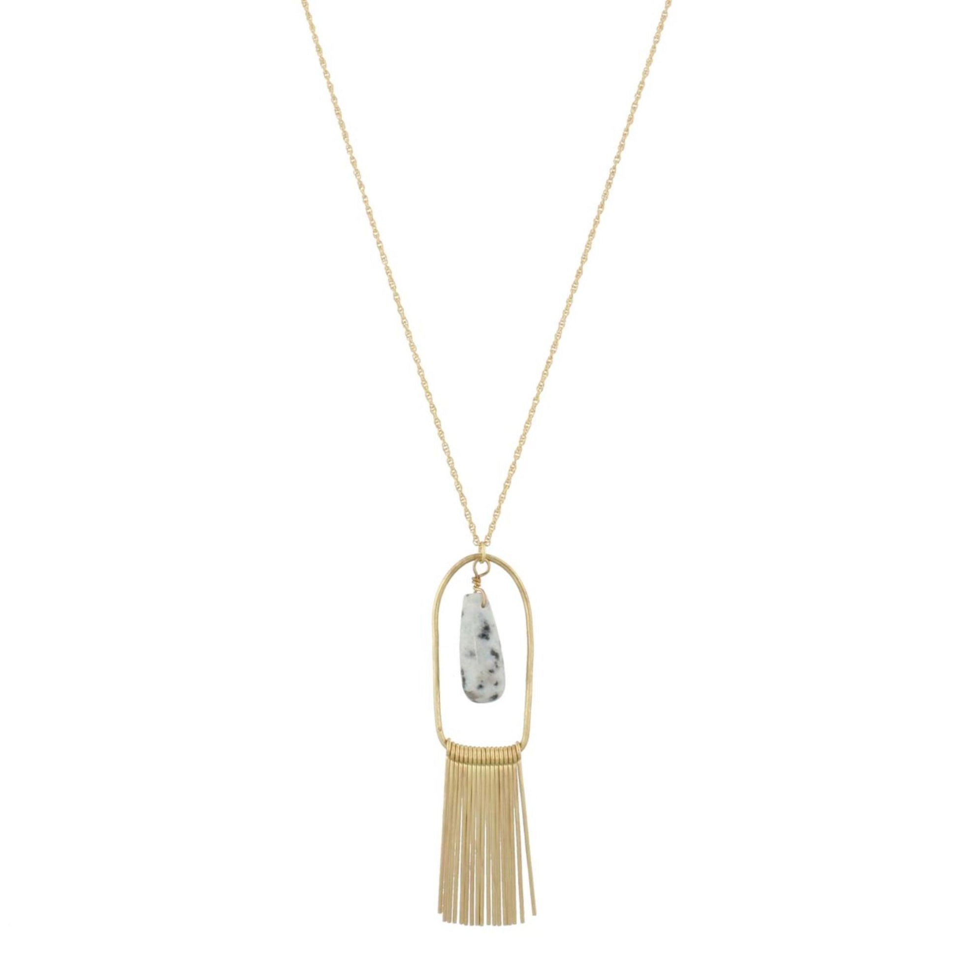 32" Gold Chain Necklace Kiwi Stone with Gold Fringe, 3" Ext