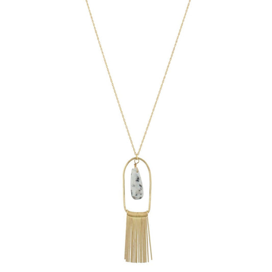 32" Gold Chain Necklace Kiwi Stone with Gold Fringe, 3" Ext