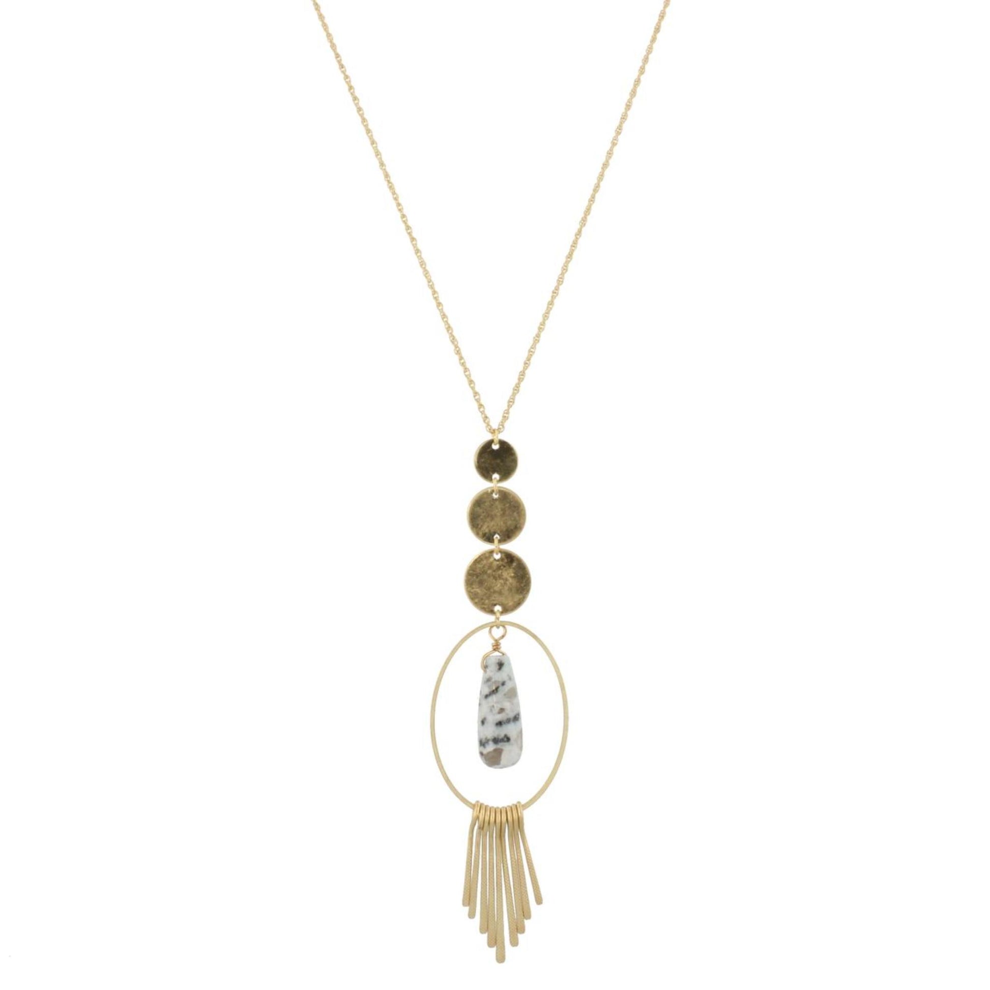32" Gold Chain Necklace with 3 Disks with Kiwi Stone with Oval & Fringe, 3" Ext