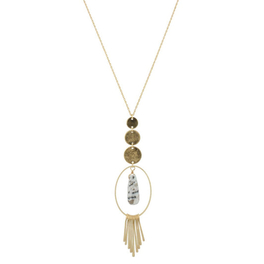 32" Gold Chain Necklace with 3 Disks with Kiwi Stone with Oval & Fringe, 3" Ext