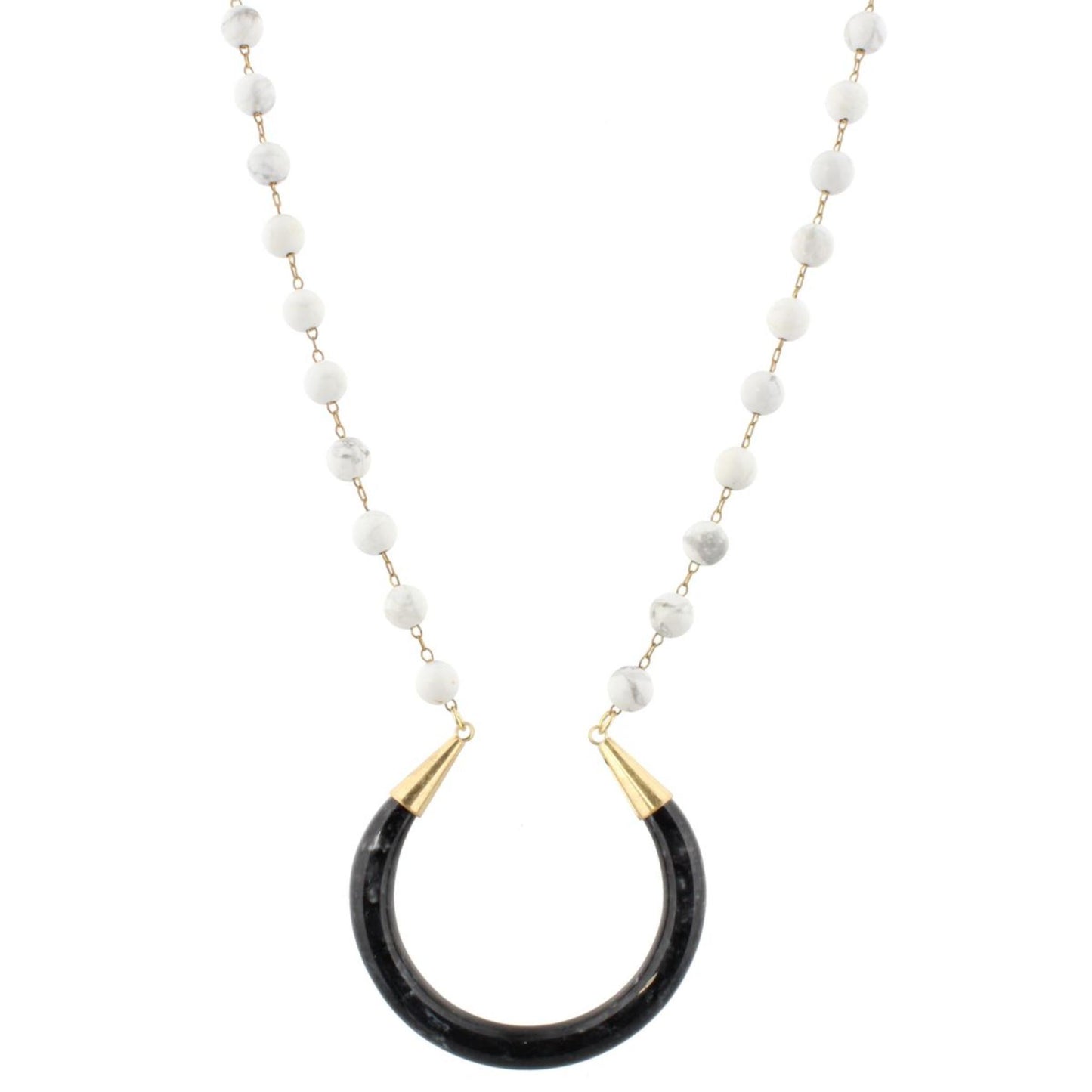 32" Howlite Stone Linked with Jet Crescent Necklace, 3" Ext