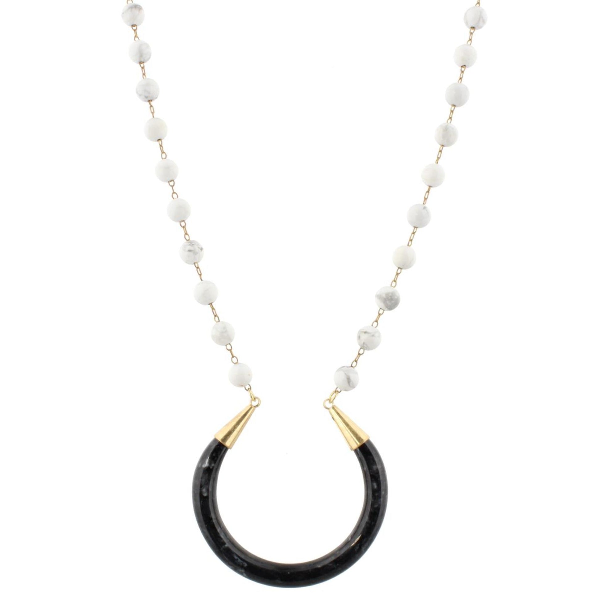 32" Howlite Stone Linked with Jet Crescent Necklace, 3" Ext