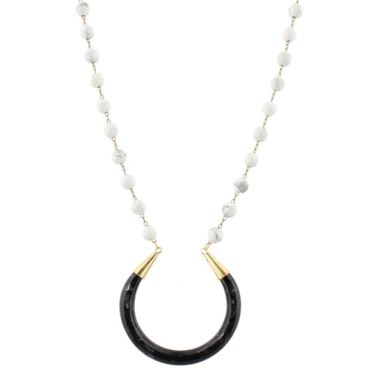 32" Howlite Stone Linked with Jet Crescent Necklace, 3" Ext