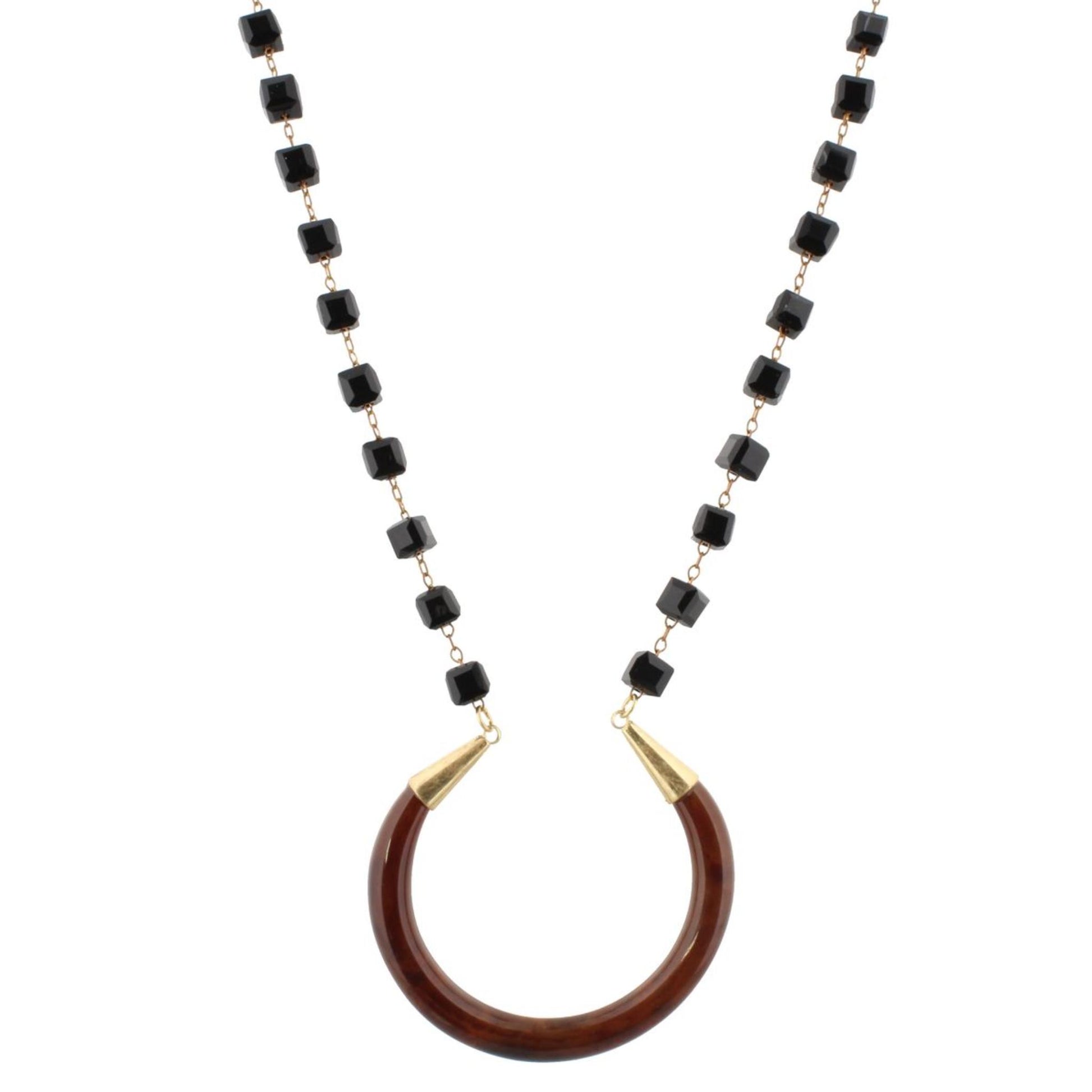 32" Jet Cube Linked with Brown Crescent Necklace, 3" Ext