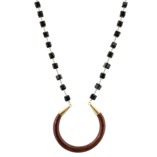 32" Jet Cube Linked with Brown Crescent Necklace, 3" Ext