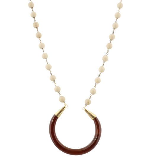 32" Natural Stone Linked with Brown Crescent Necklace, 3" Ext