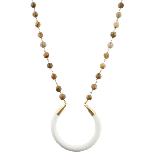 32" Picture Jasper Stone Linked with White Crescent Necklace, 3" Ext