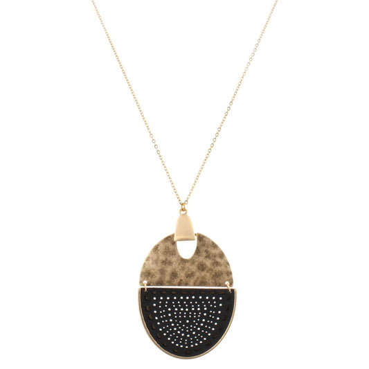 32" Gold Chain Necklace with Gold Hinged Pendant with Black Cutout Leather, 3" Ext