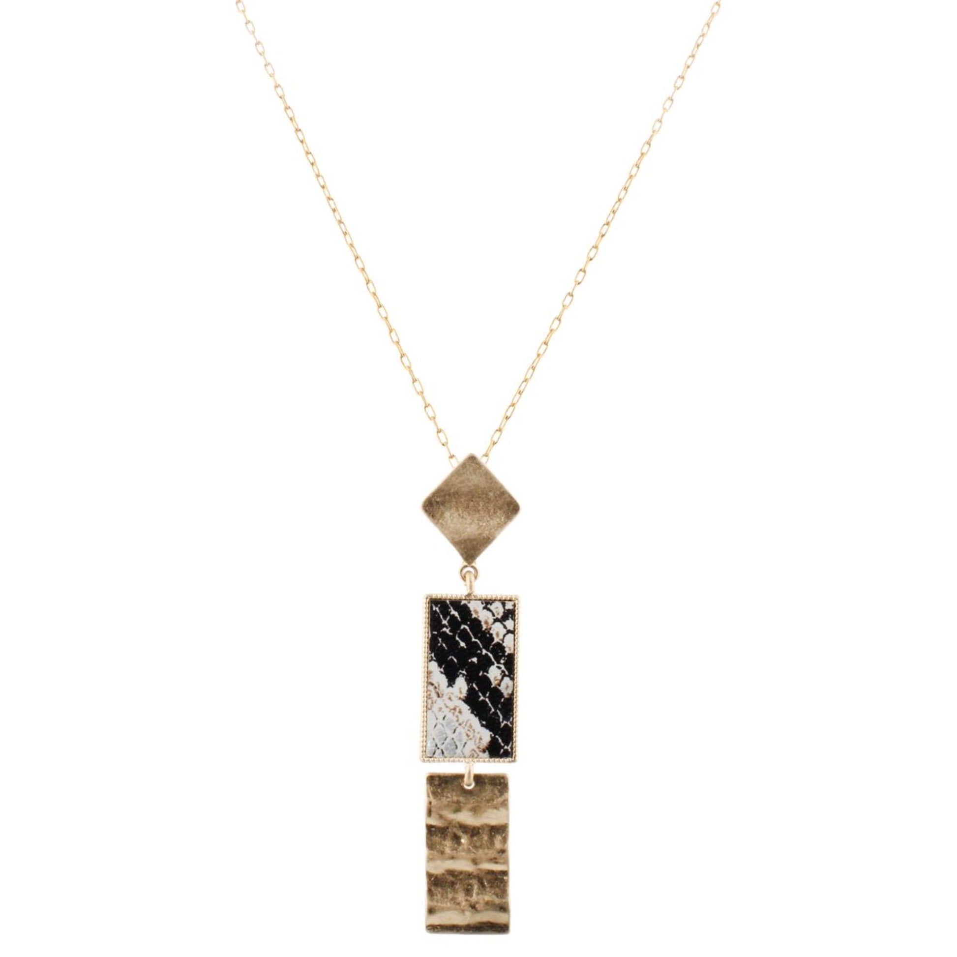 32" Gold Chain Necklace with Gold Square, Snakeskin Leather Rectangle & Gold Wavy Rectangle, 3" Ext