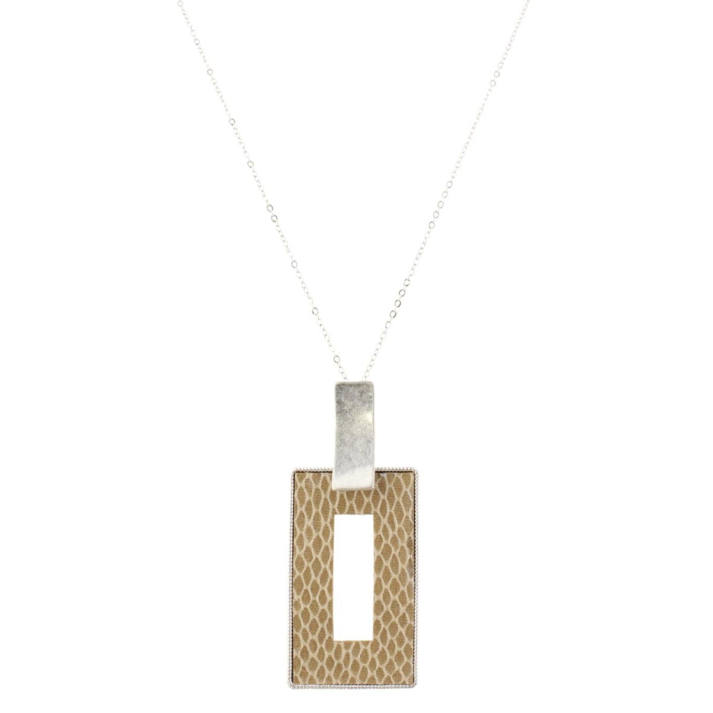 32" Silver Chain Necklace with Tan Snakeskin Leather Open Rectangle, 3" Ext