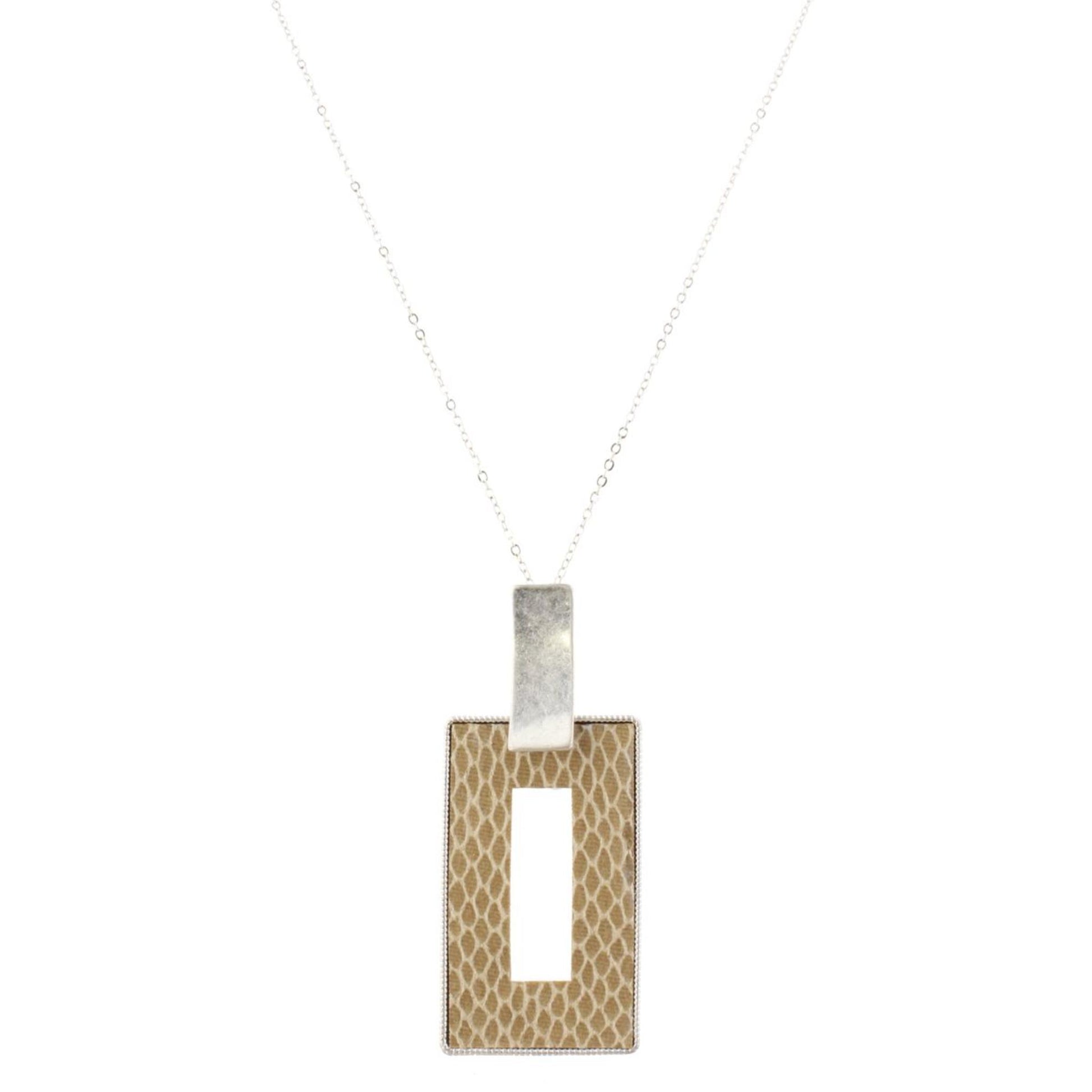 32" Silver Chain Necklace with Tan Snakeskin Leather Open Rectangle, 3" Ext