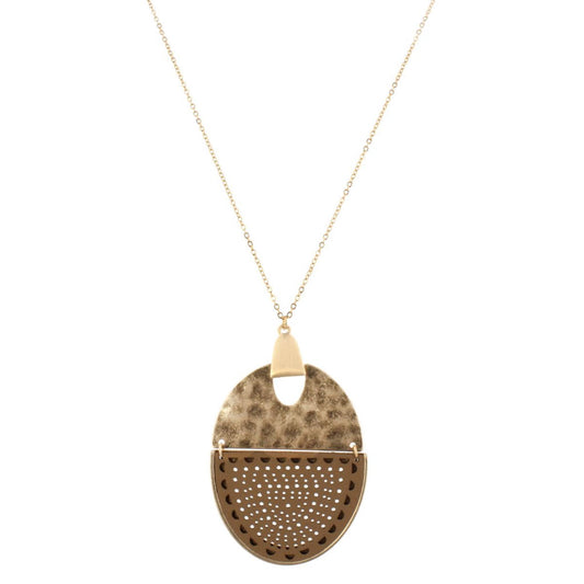 32" Gold Chain Necklace with Gold Hinged Pendant with Brown Cutout Leather, 3" Ext