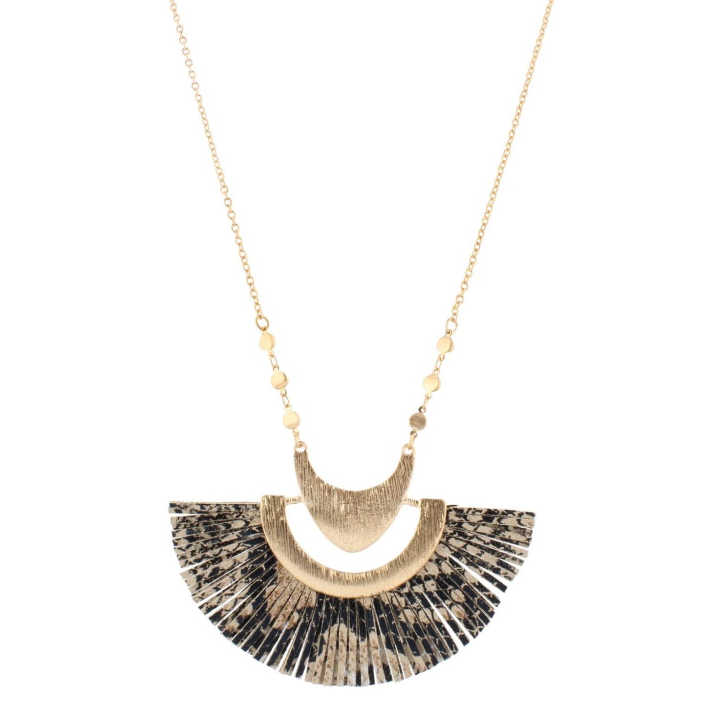 32" Gold Chain Necklace with Jet/Brown Snakeskin Fringed Fan, 3" Ext