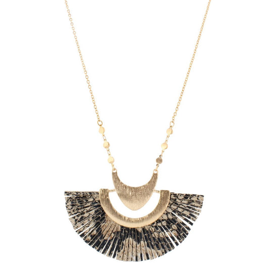 32" Gold Chain Necklace with Jet/Brown Snakeskin Fringed Fan, 3" Ext