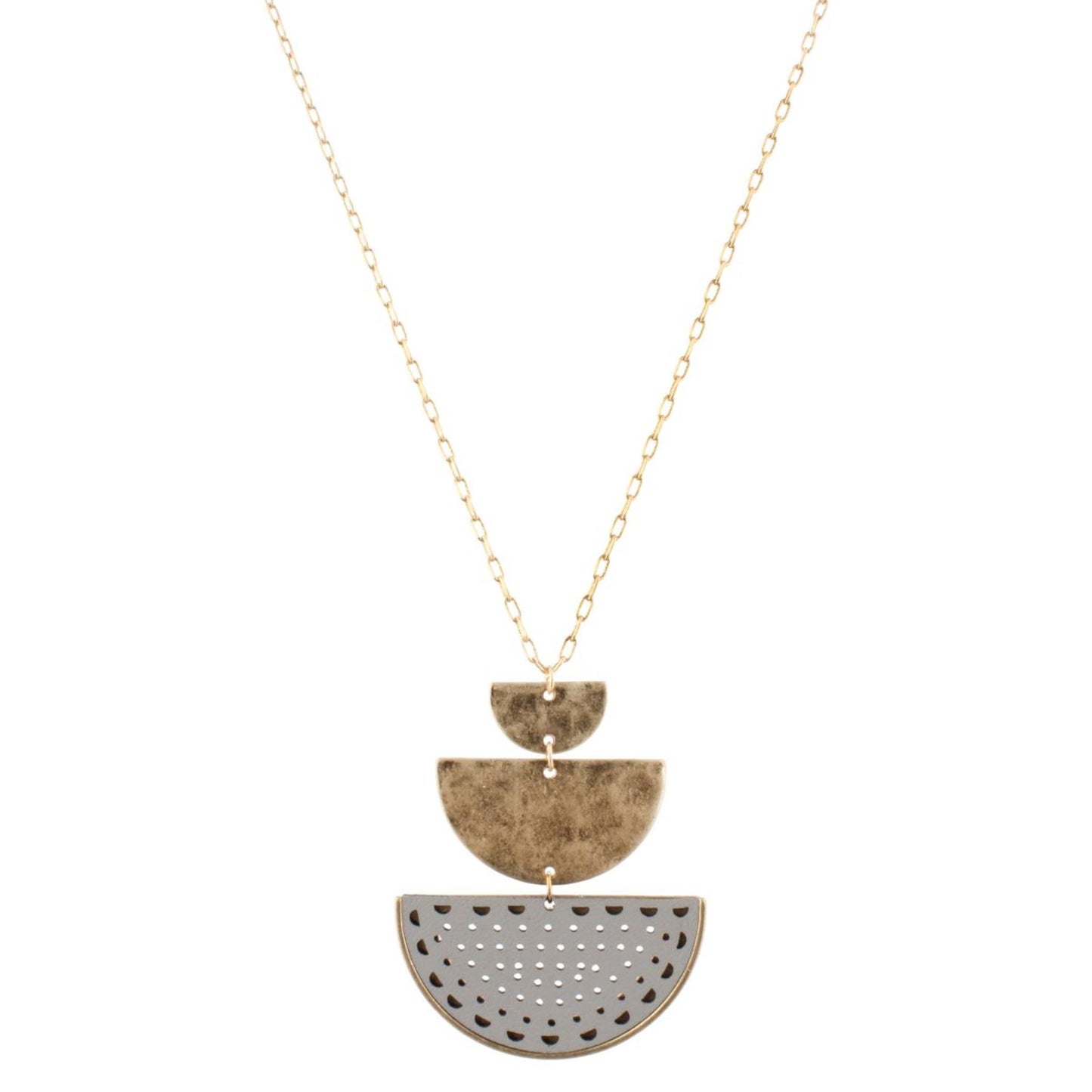 32" Gold Chain Necklace with Two Half Circles & Grey Cutout Leather Half Circle, 3" Ext