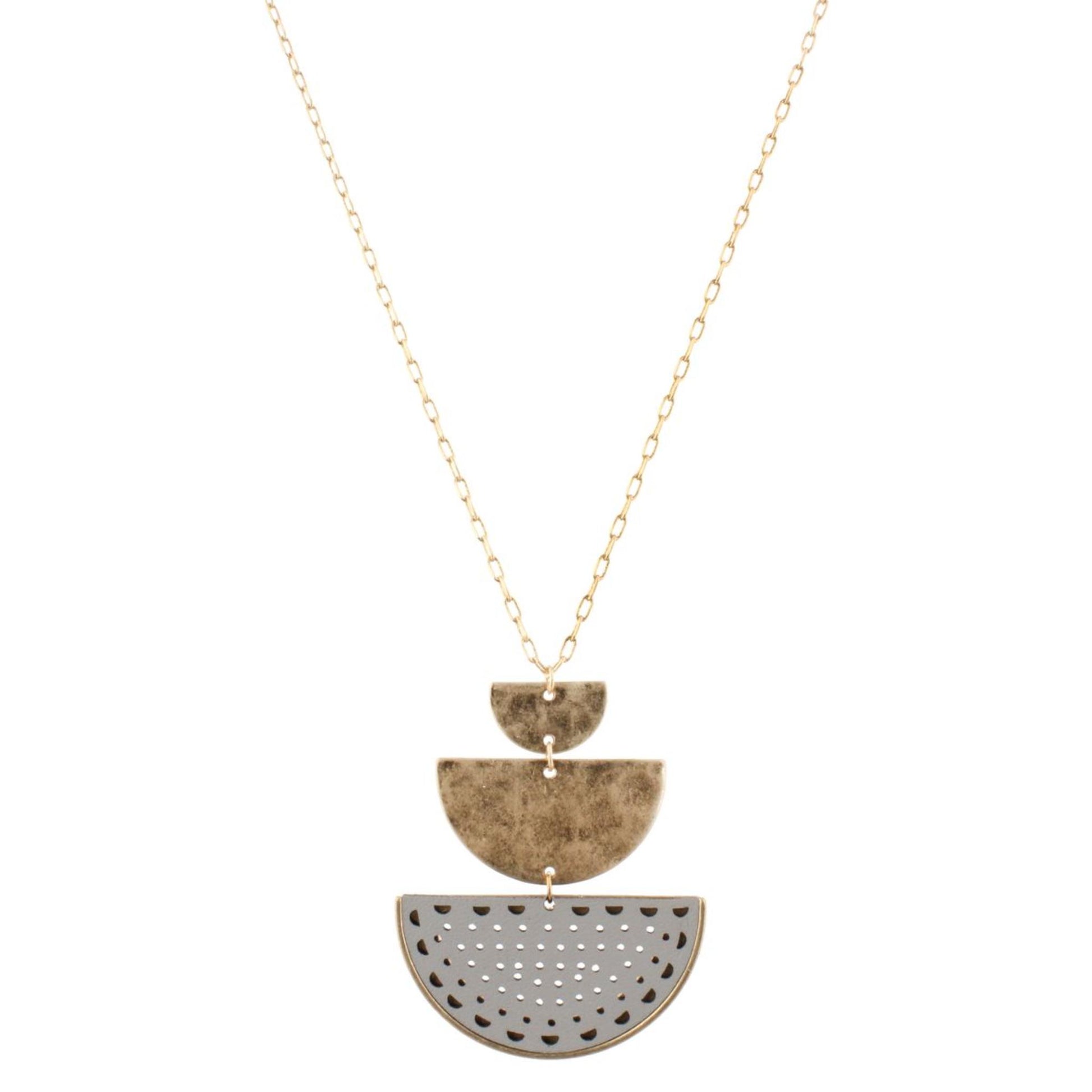 32" Gold Chain Necklace with Two Half Circles & Grey Cutout Leather Half Circle, 3" Ext