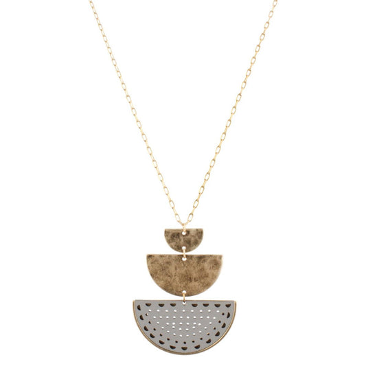 32" Gold Chain Necklace with Two Half Circles & Grey Cutout Leather Half Circle, 3" Ext