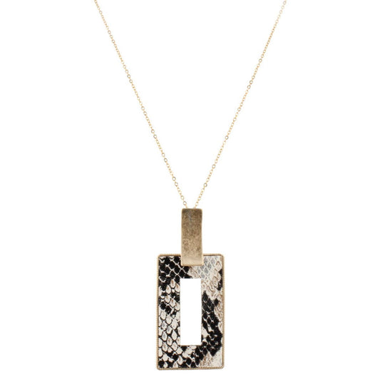 32" Gold Chain Necklace with Jet, Gold, Silver Snakeskin Leather Open Rectangle, 3" Ext