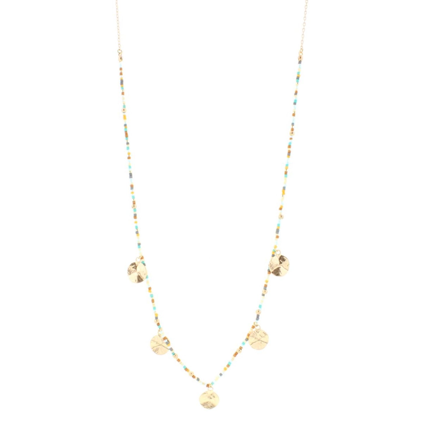 32" Amazonite Colored Delicate Necklace 1/2 Beaded with Gold Disks,3" Ext