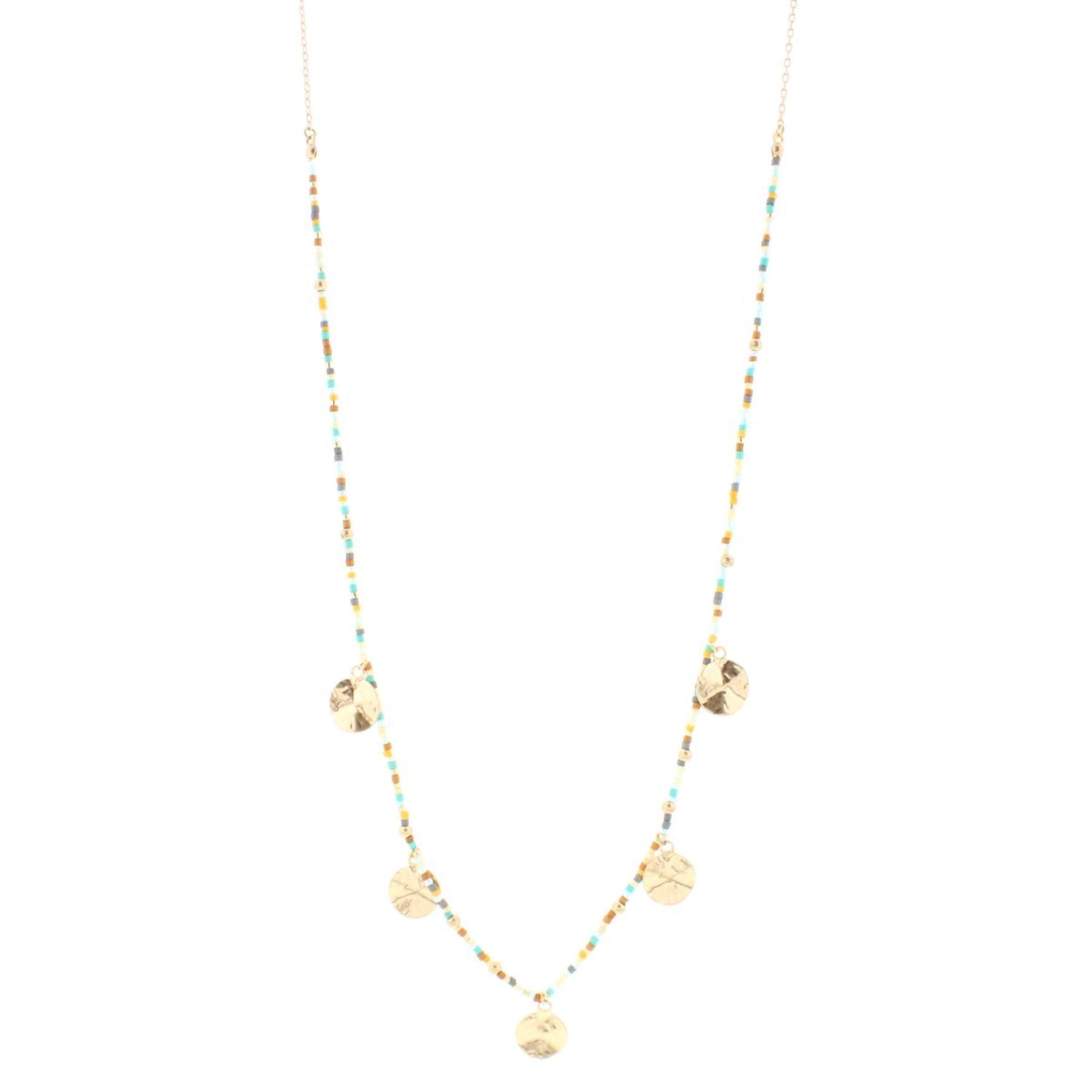 32" Amazonite Colored Delicate Necklace 1/2 Beaded with Gold Disks,3" Ext