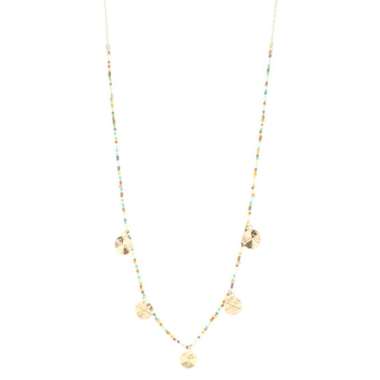 32" Amazonite Colored Delicate Necklace 1/2 Beaded with Gold Disks,3" Ext