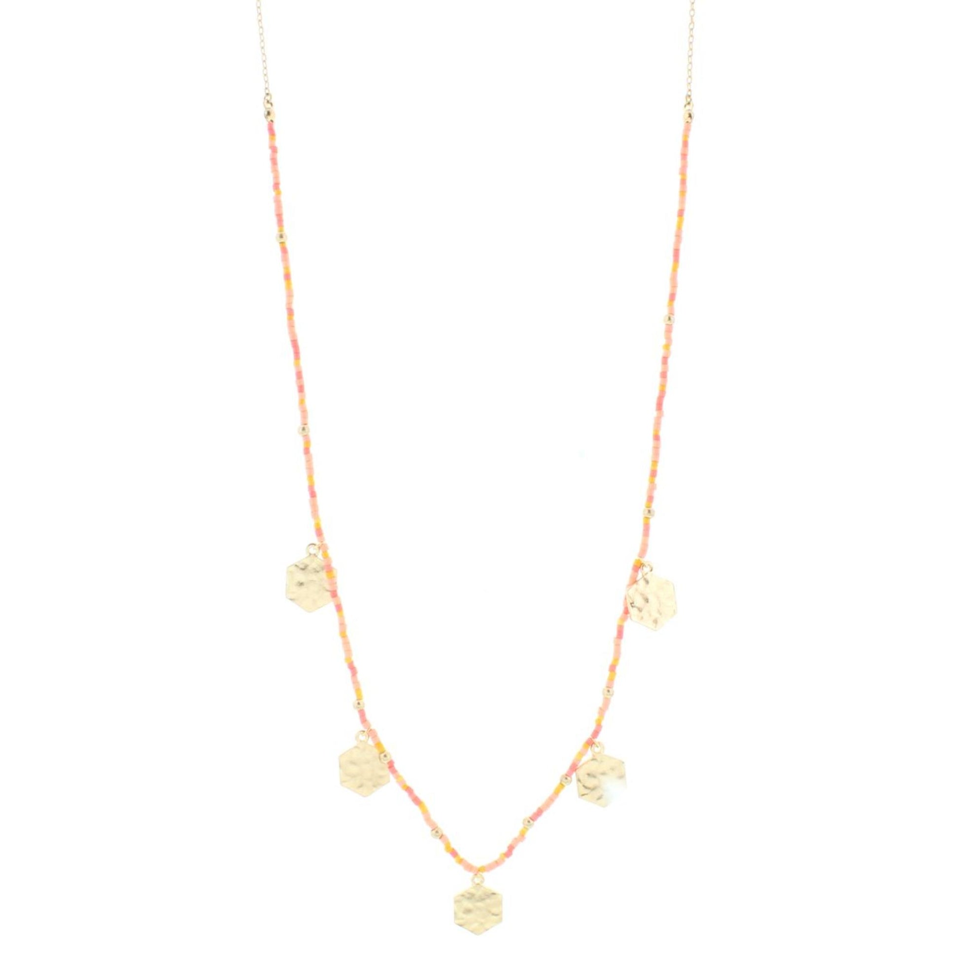 32" Coral, Peachy Delicate Necklace 1/2 Beaded with Gold Hexagons, 3" Ext